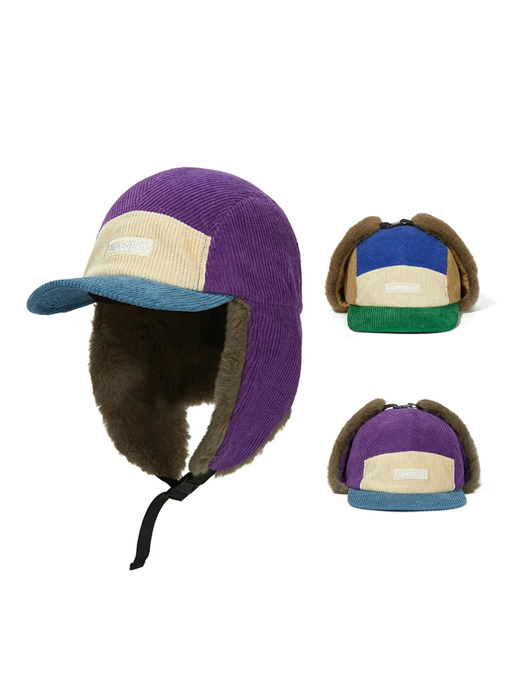 

2025 Corduroy contrasting color velvet warm ear protection bomber hat for women men thickened winter windproof baseball cap