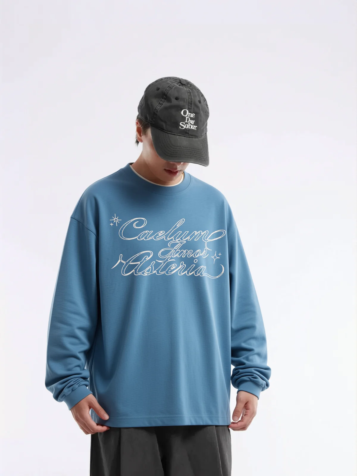 Loose Fit Long Sleeve T-Shirt Handwritten English Print Cityboy Style Blue Cotton Tee Breathable Absorbent Non-fading Easy-care