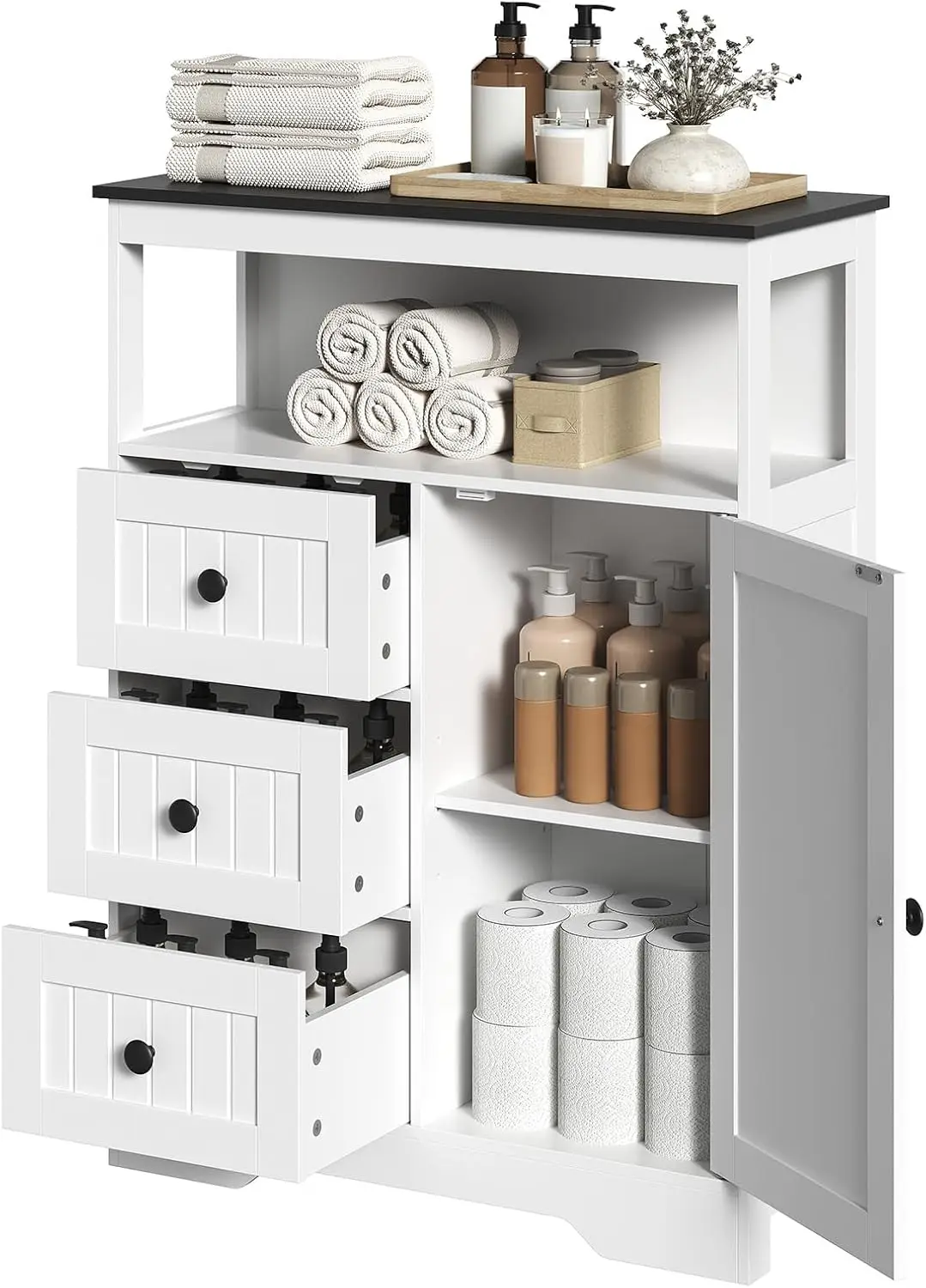 

28.3' Bathroom Storage Cabinet, Large Floor Cabinet, Freestanding Bathroom Storage Unit, 1 Cupboard and 3 Drawers, Adjustable Sh