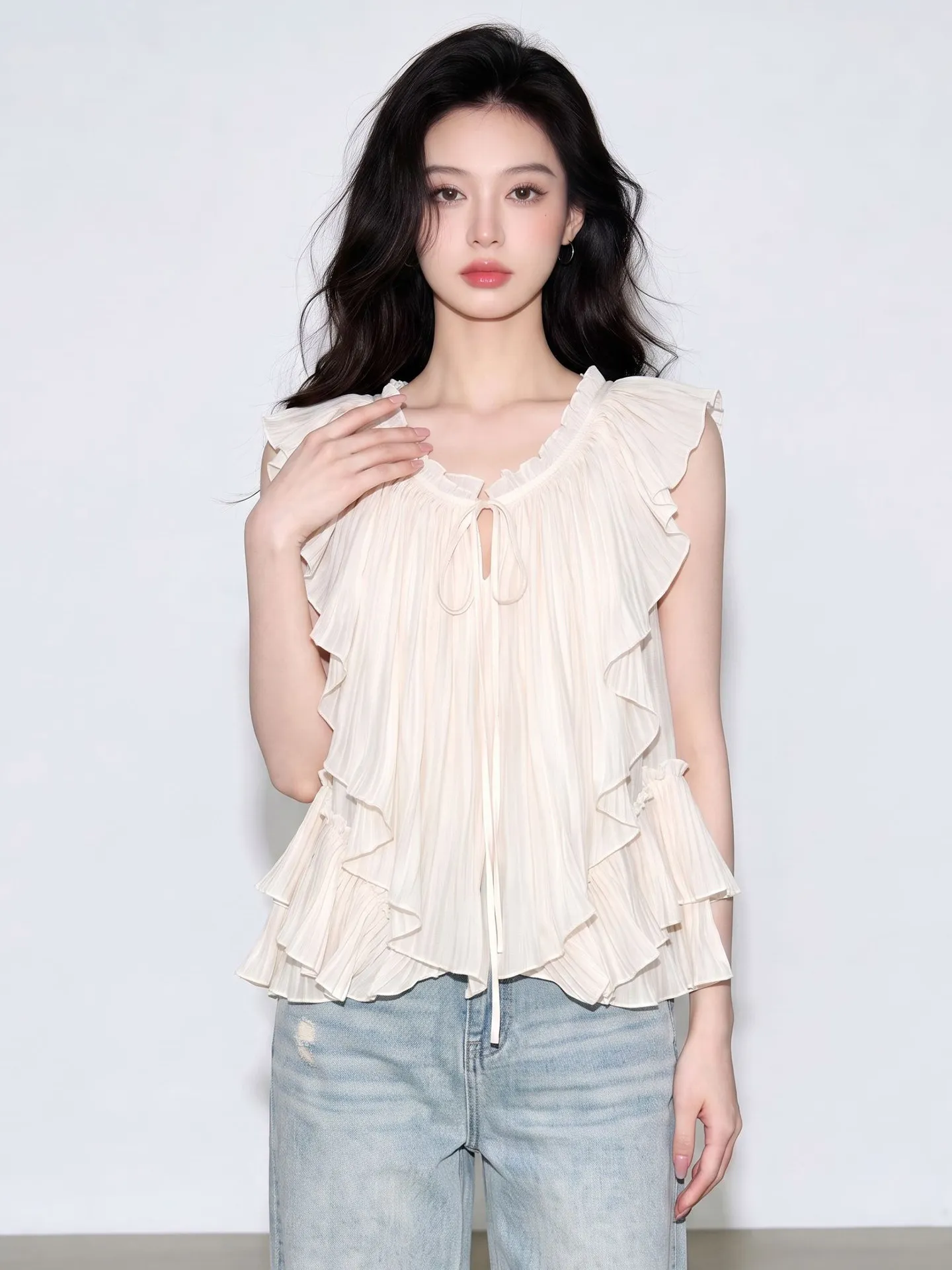 Fashionable Summer 2026 Women's Shirt with Lace Sleeves And Belt Tropical Vacation Style Cotton Casual Top for Young Girls