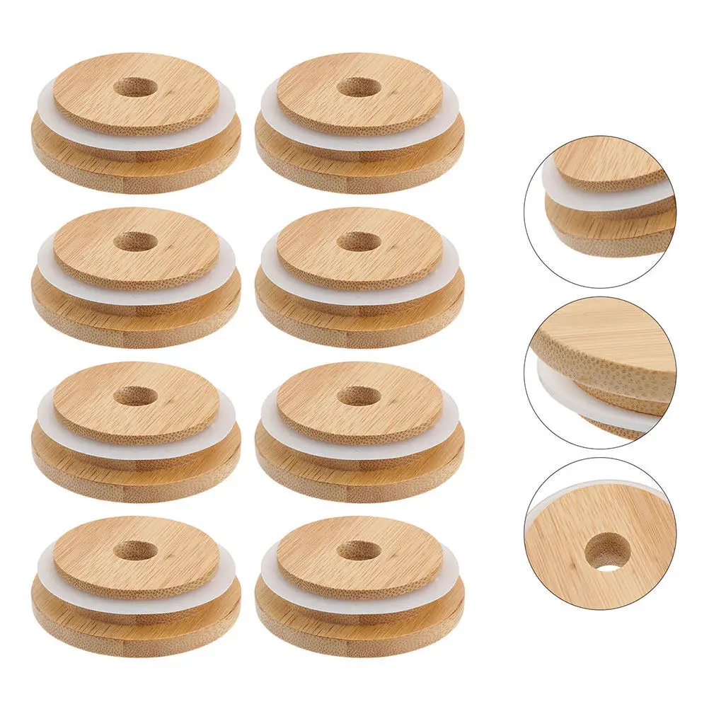 

4pcs Bamboo Wood Lids For Mason Jars Water Bottles Tea Cups With Straw Hole Reusable Leak-Proof Airtight Seal Cover Household