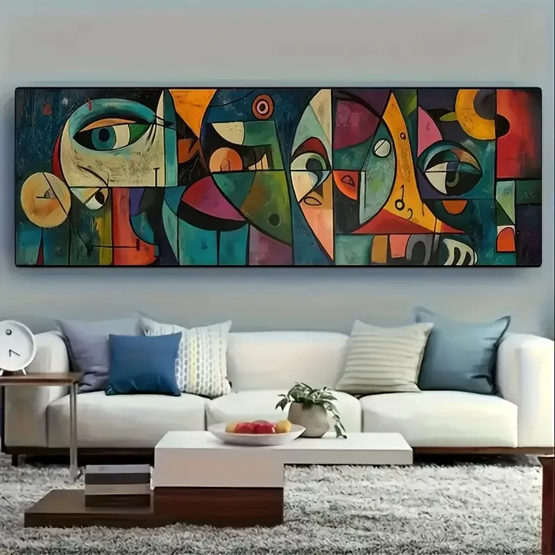 قطعة واحدة من طباعة قماشية بعيون هندسية تجريدية بدون إطار - فن جداري حديث نابض بالحياة مع خطوط جريئة وأشكال ملونة، مثالي للمنزل