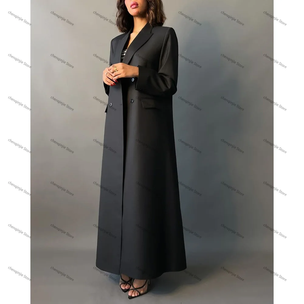 High End Black Double Breasted Luxury Abaya Blazer Women Suits Peak Lapel Chic Dubai Long Jacket 1 Piece Formal Business Outfits