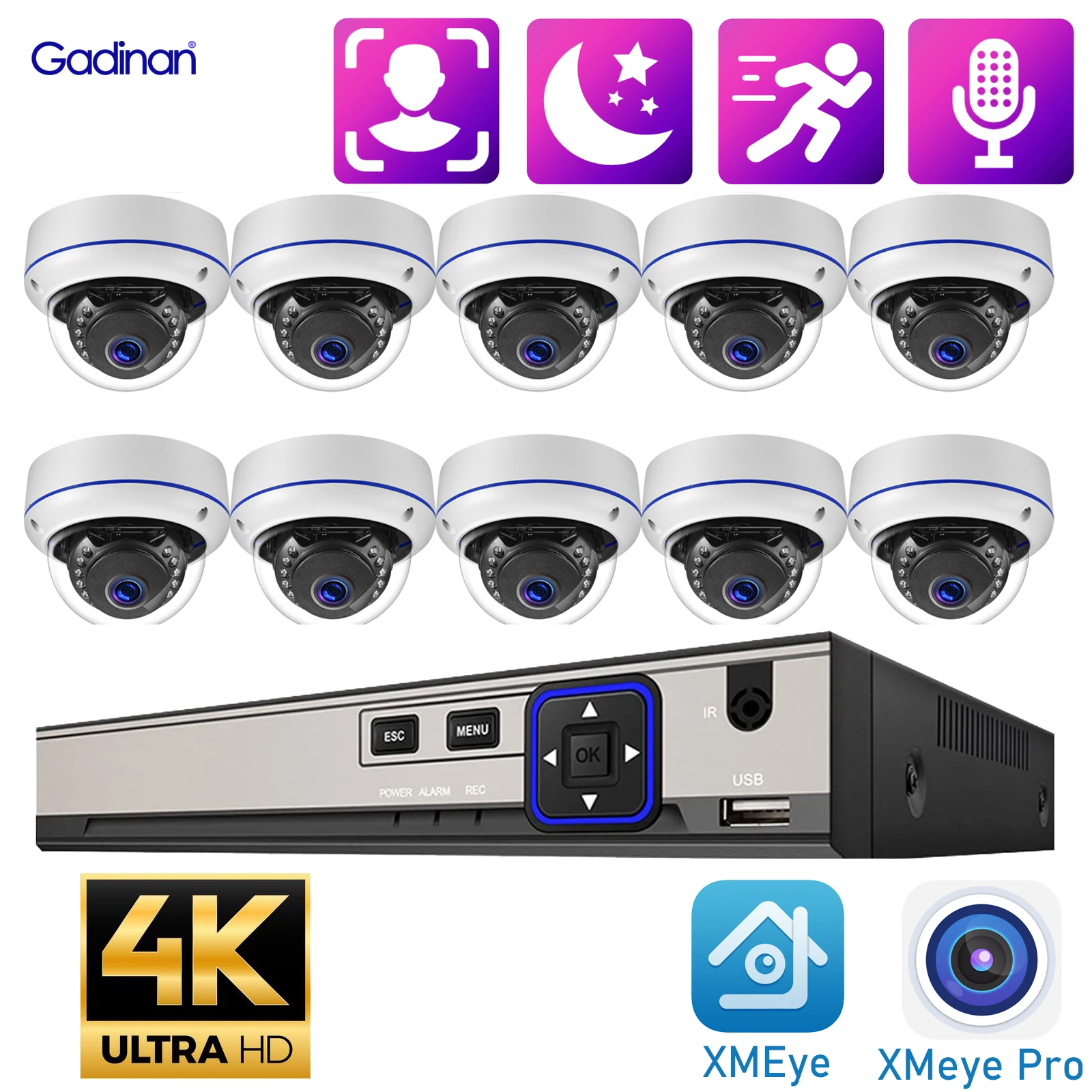 

Купольная IP-камера видеонаблюдения Gadinan, 4K, 8 Мп, 10CH, POE, NVR