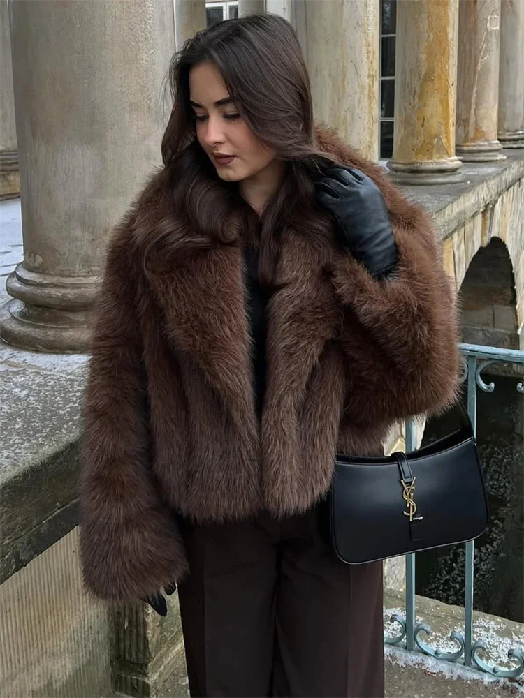 Abrigo de plumas de piel holgado de invierno para mujer, solapa de lujo con retazos, prendas de vestir cálidas de cintura alta esponjosas, abrigo de plumas de piel para mujer