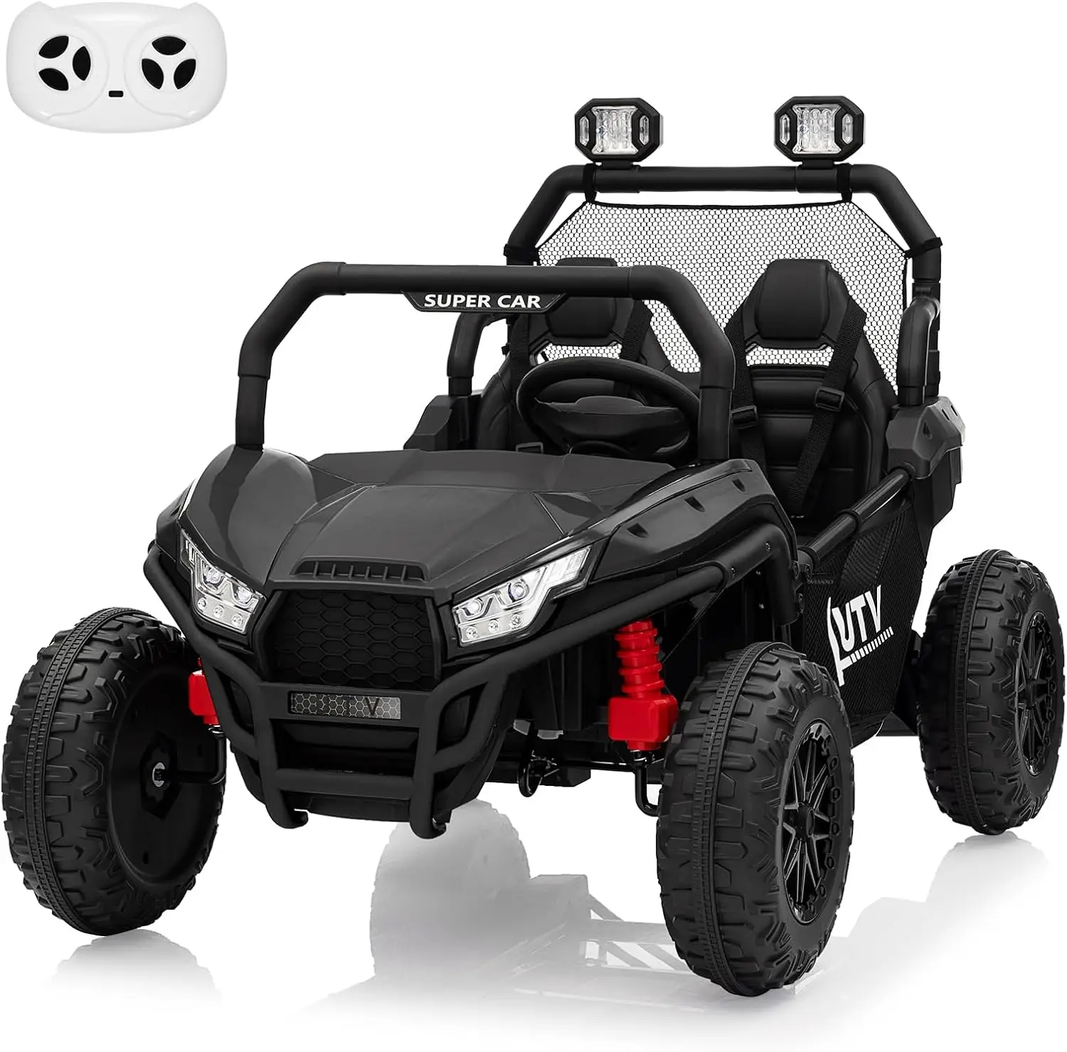 24V 2 Seater Ride On Car, Off-Road Utv for Kids w/Metal Frame, 20 Inch Wide Seat, 400W Electric Vehicle Toy Car w/Pop Music