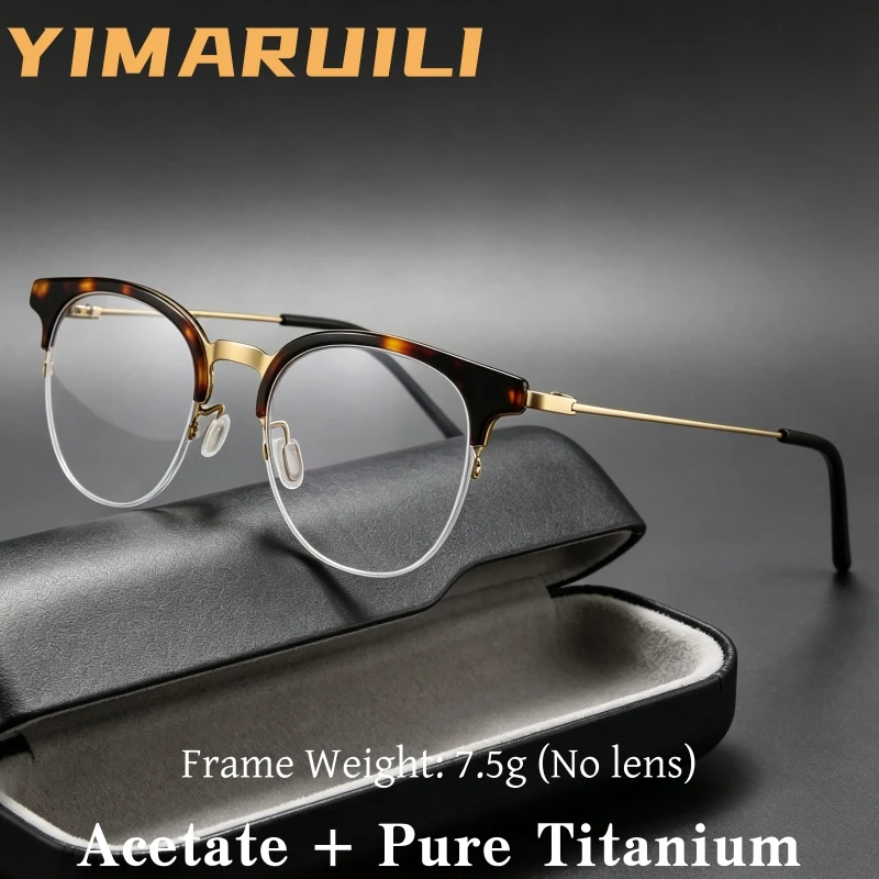 

YIMARUILI Retro Round Men and Women Pure Titanium Half Frame Glasses Ultra Light Fashion Trend Flexible Eyeglasses Frame 23880Y