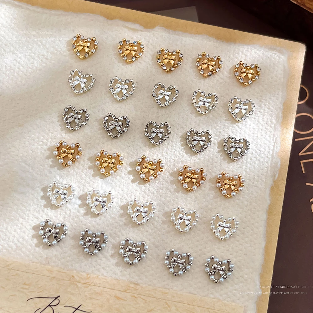 5 uds gemas de cristal brillantes diamantes de imitación para uñas 3D amor corazón arco Metal Nail Art Charms acrílico perla circón herramienta de decoración de manicura