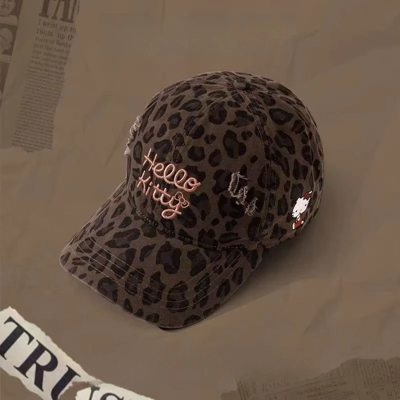 

Hello Kitty Baseball Cap with Leopard Print Slim Tall Women Duck Tongue Cute Cartoon Brown Best Friend Holiday Gift Wholesale