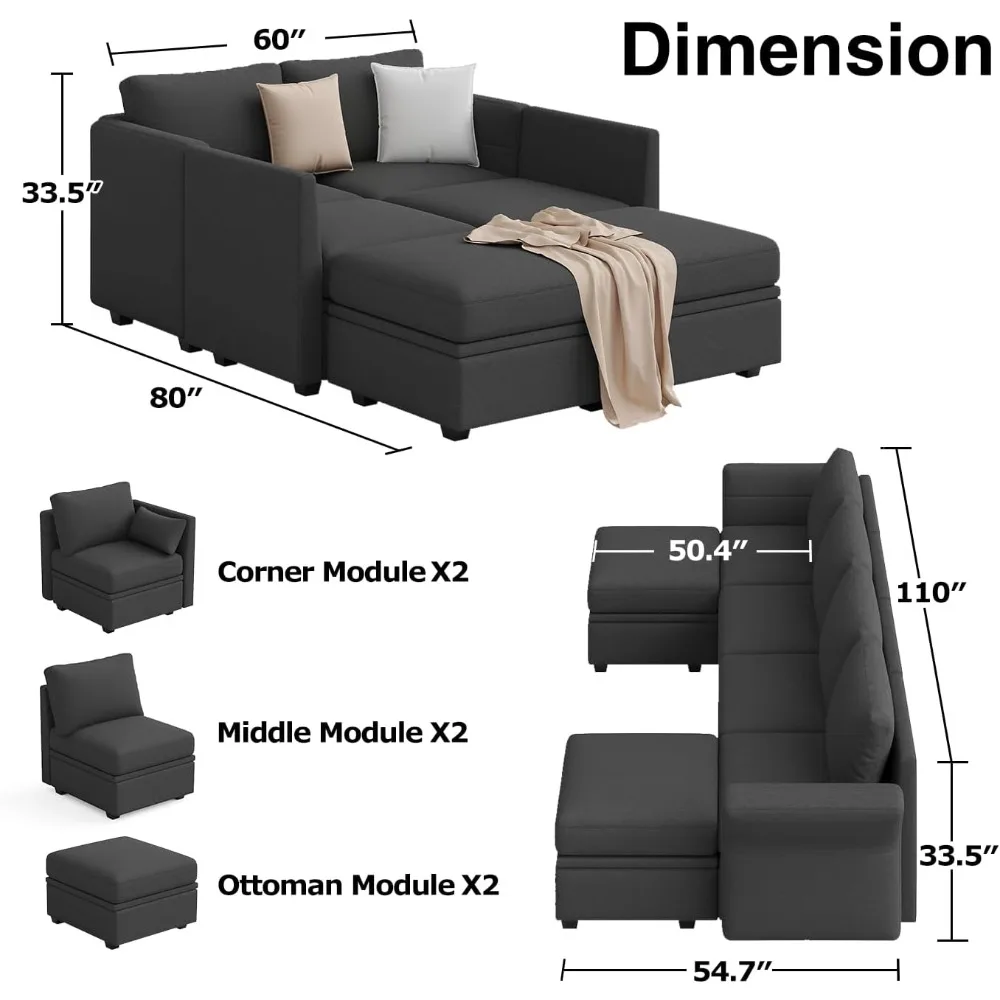 أريكة مقطعية قابلة للتحويل على شكل حرف U مع مساحة تخزين، أريكة معيارية لغرفة المعيشة، تتضمن العثمانيين، مساحة معيشة عالية الجودة