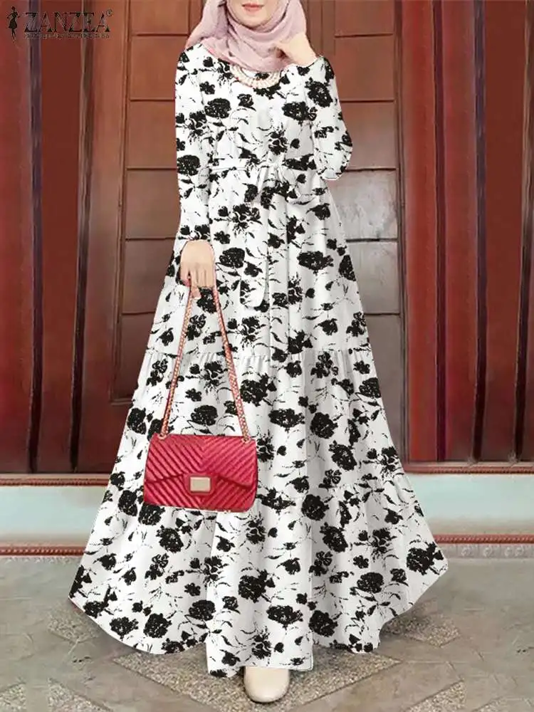 Women Autumn Long Sleeve Floral Printed Sundress Muslim Long Dress Turkey Abaya ZANZEA Eid Mubarek Robe IsIamic Hijab Vestidos