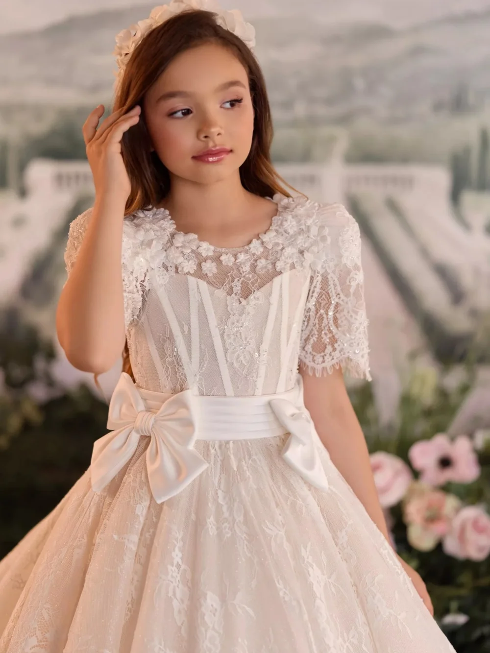 Txjojn New Glitter Lace Gilrs Dresses Pageant Gowns Opulent Delicate Floral Short Sleeve Kids Princess Gown Banquet Party Wear