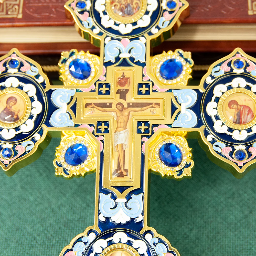 Orthodox Church Cross Jesus Crucifix Gold Plated with Multicolored Enamel Easter Altar Cross Decor Orthodox Church Cross BoxGift