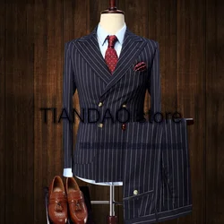 Men's Striped Suit 2 Piece Double Breasted Jacket Set Formal Business Blazer Pants Office Workwear Slim Fit Design