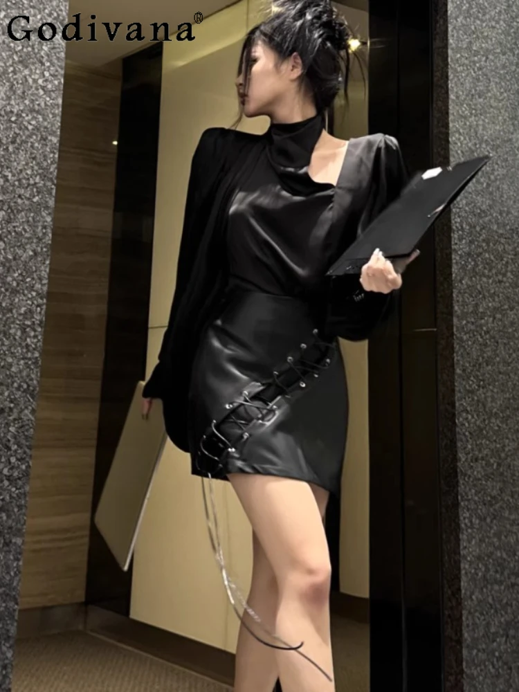 

Spring Autumn French Black Lace-up Punk Leather Short Skirts Personalized Girls High Waist Versatile Age-reducing Fashion Skirt
