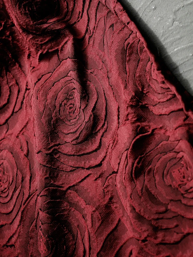 3M Dark Red Rose Relief Three-dimensional Flower Jacquard Fabric Creative High-end Coat Pants Gift Clothing Designer Fabric