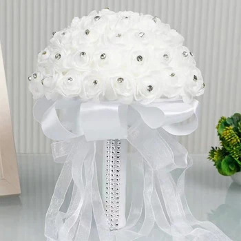 1PCS Wedding Bride Holding Flower Ring Box Ribbon Rhinestone Wedding Rose Bouquet Heart-shaped Wedding Ceremony Ring Holder