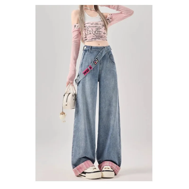 American Style High Waist Side Zipper Denim Jeans Women's Spring Fashion Solid Color Wide Leg Women Side Zipper Wide Leg Pants