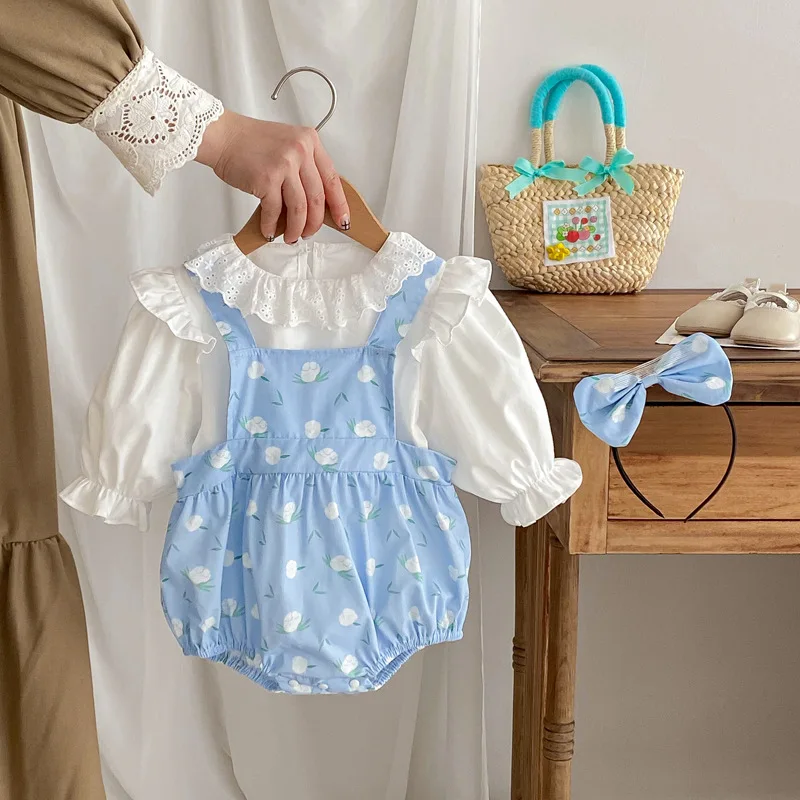 2024 Autumn Baby Girls 2PCS Clothes Set Lace White Cotton Shirts Full Printing Suspender Romper Suit Toddler Girls Outfits