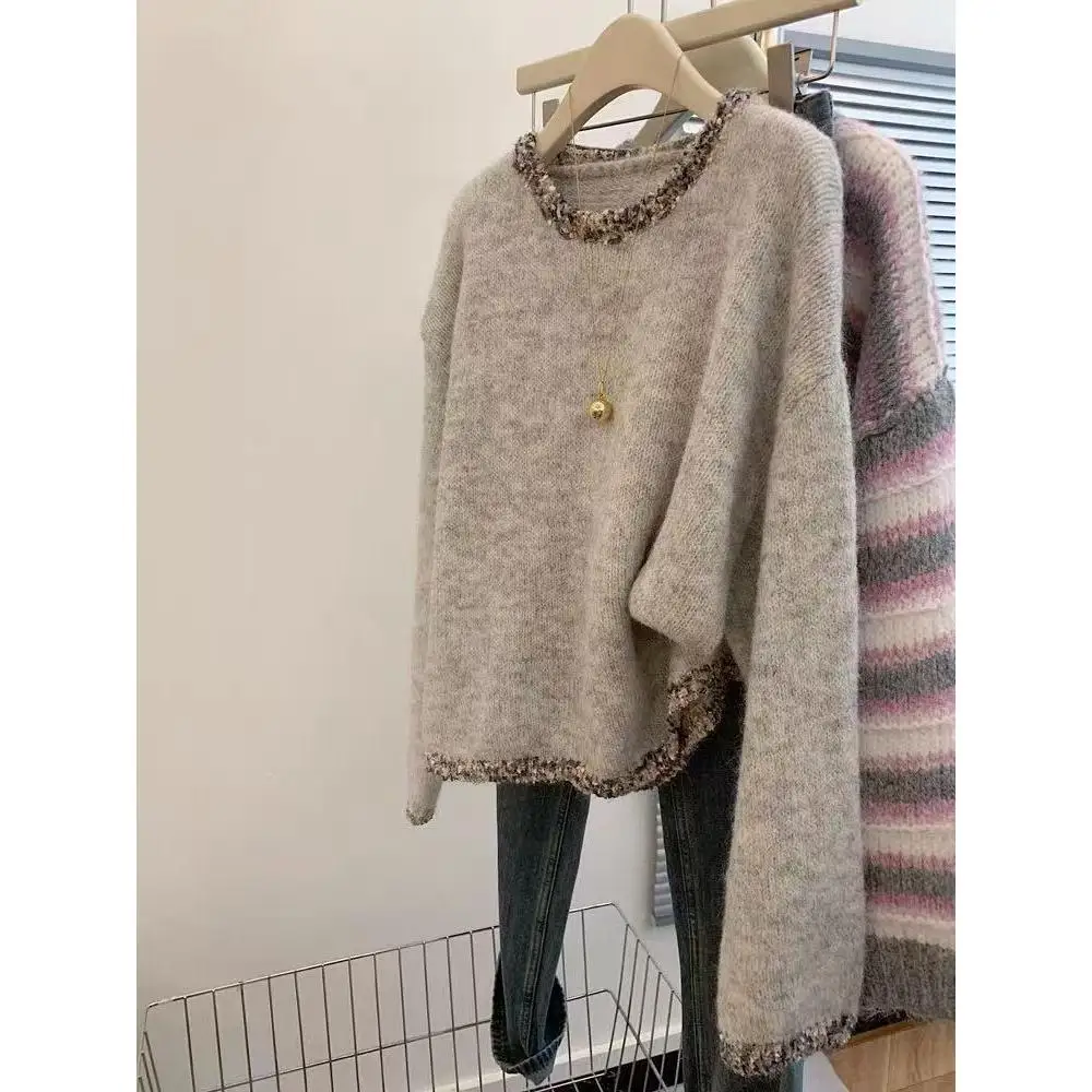 

Soft Thiened V-Ne Knitted Sweater Comfortable Loose Fit Women's Top Retro Sle Outerwear Lazy Faion High-End Feeling