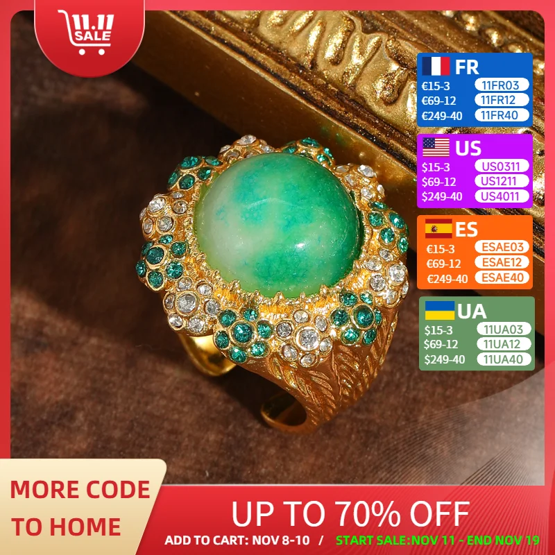 

Vintage Flower Rhinestone Green Ring Jade Gold Color Quality Luxury Designer Gifts Jewelry Trends 2025 Woman Wedding Christmas