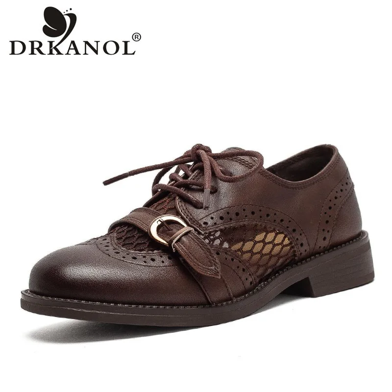 

DRKANOL 2026 Spring Summer Brogue Oxford Shoes For Women Genuine Leather Air Mesh Breathable Flats Heel Retro Casual Women Shoes