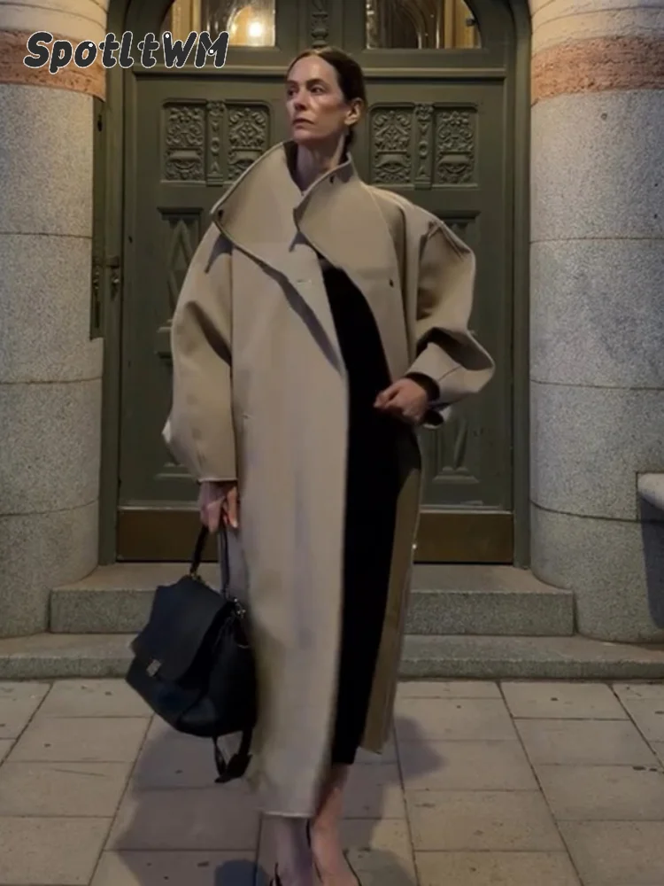 Women Oversized Trench Coat Drop‑shoulder Long Windbreaker Solid High Stand Collar Loose Fit Coats Autumn Commute Chic Jackets