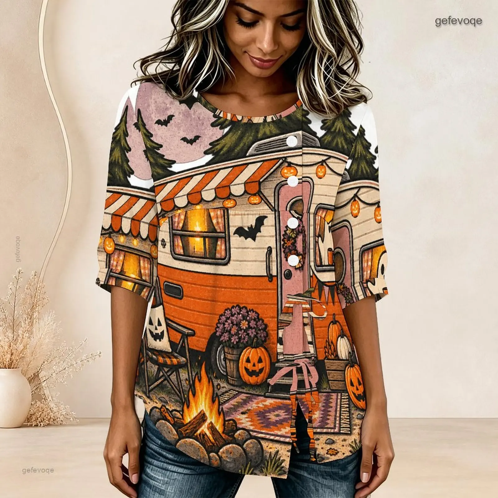 Women Round Neck Half Sleeve Gathered Front Button Detail Tie Hem Printed Blouse