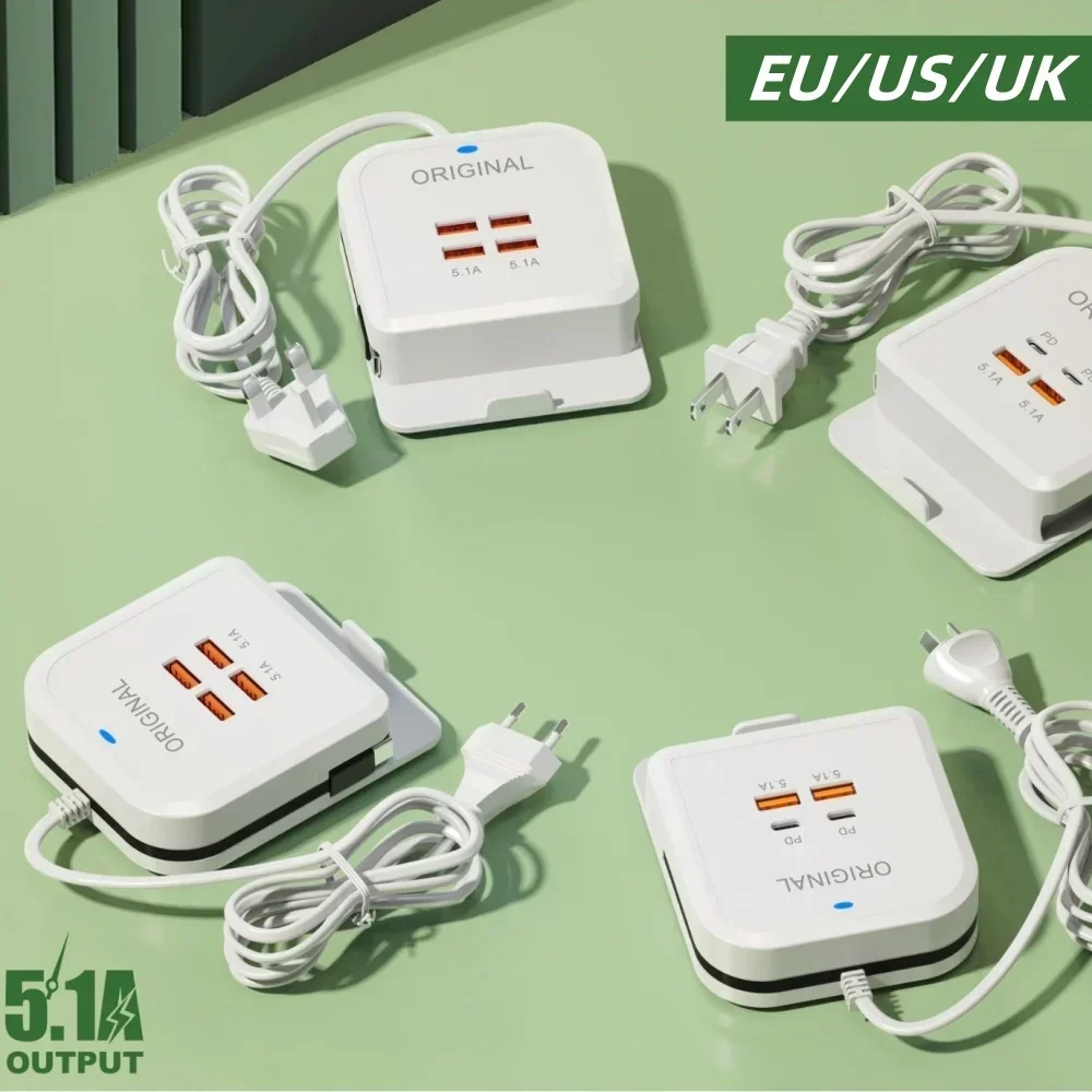 5.1A 4‑Port USB Multi Function Desktop Charging Station with Type C Cable Universal Power Strip Holder For iPhone Xiaomi Samsung