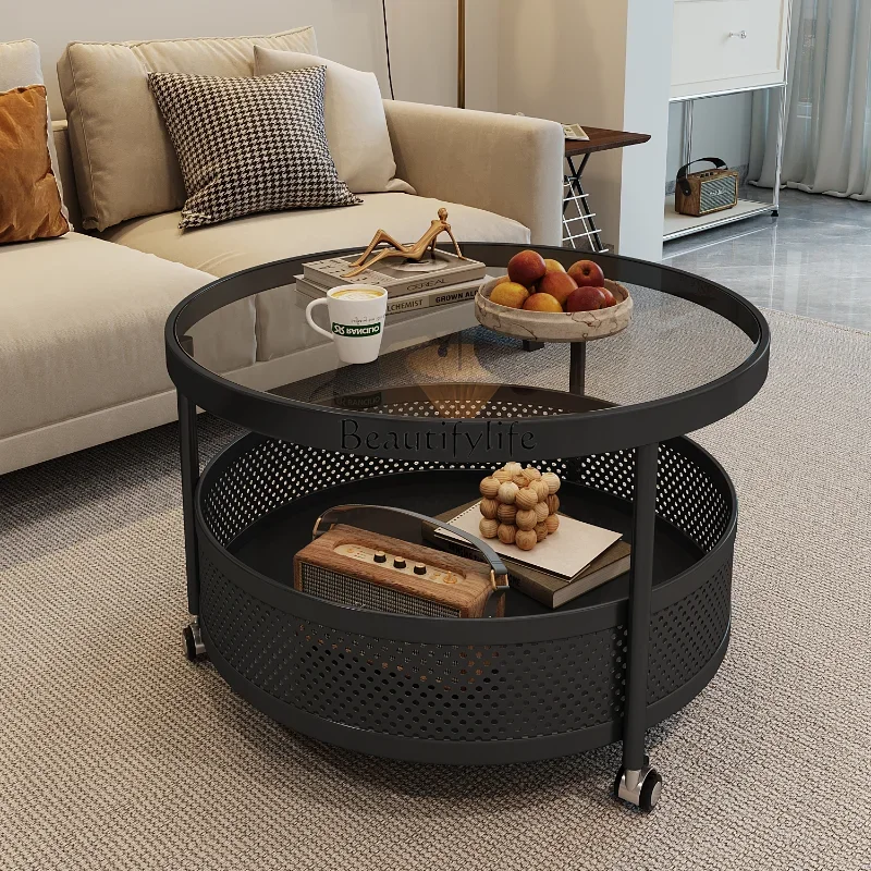 

03.Cream wind rock slab round coffee table small apartment movable trolley modern light luxury sofa side table