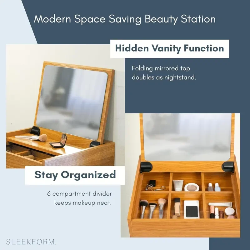 Modern Wall Mounted Vanity Desk with Mirror and Stool Foldable Floating Makeup Table with Flip-Up Design