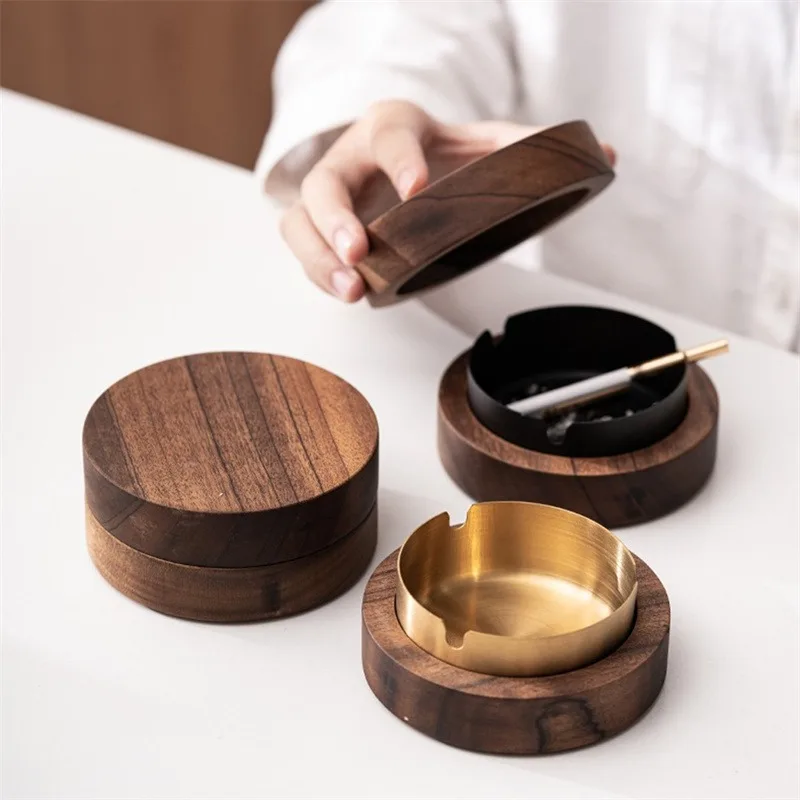 Creative Wood Ashtrays Lid Covered Windproof Ashtray With Stainless Steel Liner Indoor Outdoor Ash Tray For Home