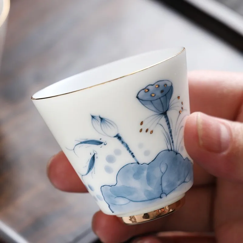 

Master cup tea set suet jade tea cup teacup hand-painted gold green lotus straight mouth cup