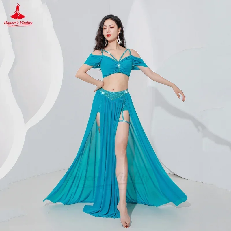 Belly Dance Professional Suit for Women Mesh Short Sleeves Top+sexy Split Long Skirt 2pcs Girl's Oriental Belly Dancing Suit