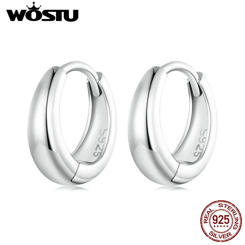 WOSTU Solid 925 Sterling Silver Euro Simple Circle Wedding Hoop Earrings for Women Classical Round Daily Earrings Pendiente Gift