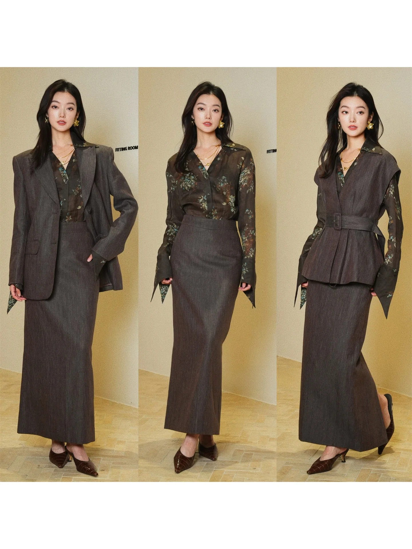 

Льняной костюм Moss с подплечниками, прямой юбкой с поясом и топом, комплект из двух предметов, винтажный стиль для женщин