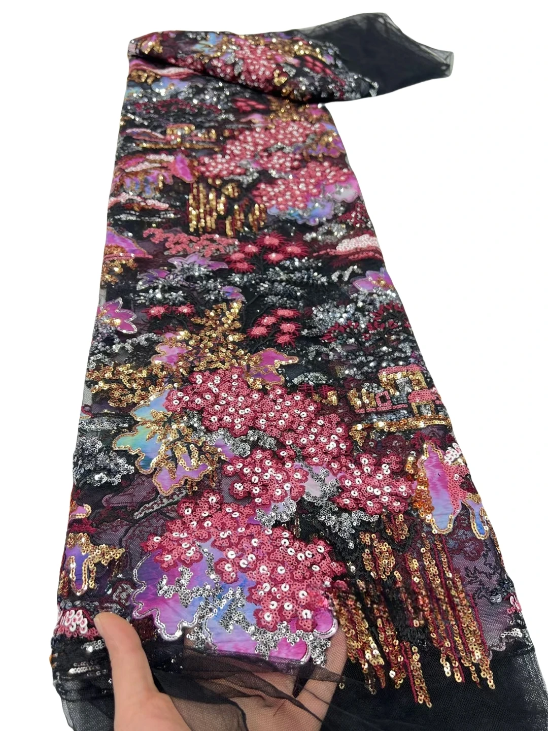 5Yards 2025 Latest High Quality Elegant Mixed COlors Embroidered Sequin Lace Fabric for Wedding Evening Dresses NN5175_R