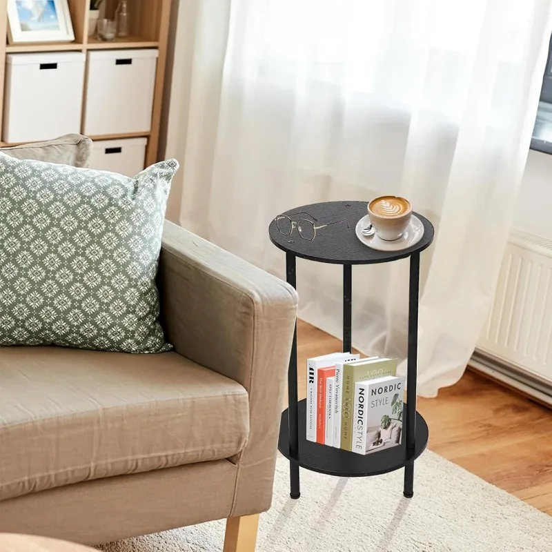 Small Round Side Table, End Tables Living Room Set of 2, Black Night Stands for Bedrooms, Small Side Table for Small Spaces，