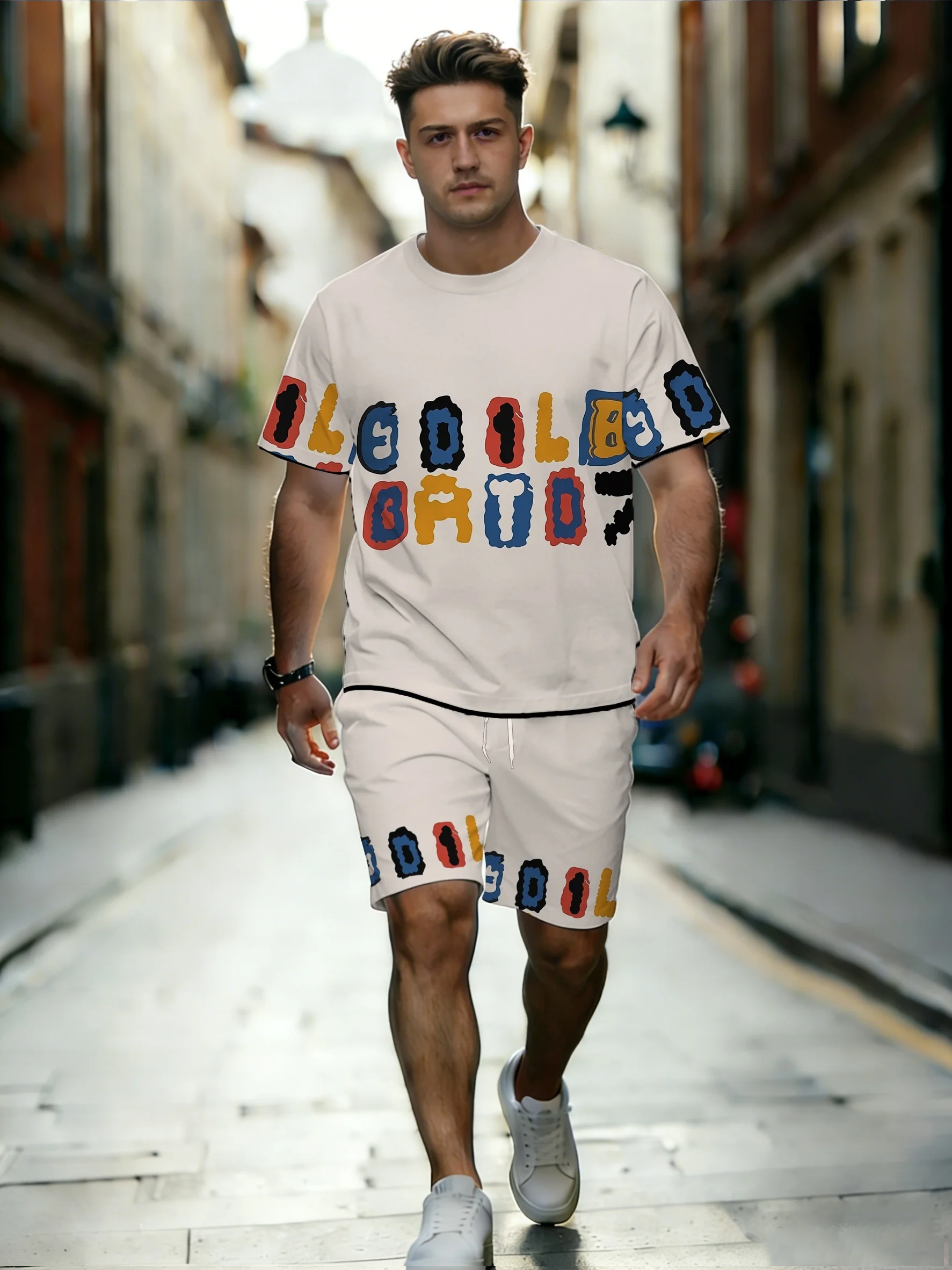 

2026 Summer New Men's Short-Sleeved Set with 3D Letter Pattern Print for Street Casual Fashion with Breathable Design