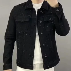 Jeans Coat for Men Button Casual Slim Short Denim Jackets Man Diamond Black Japanese Loose Chic Elegant Low Cost Rock ZL459