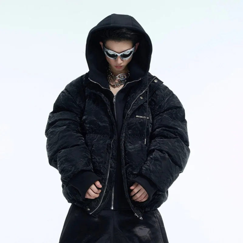 IEFB New Winter Men\'s Padded Jackets Fake Two-piece Plush Thick Cotton Hooded Splicing Design Fashion Zipper Male Coat 24E5177