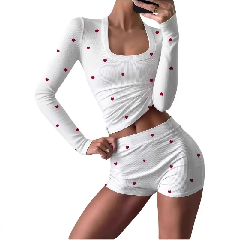 

2026 Hot Selling Square Neck Cotton Heart-shaped Pattern Slim Fit Long Sleeved Top and Shorts Two-piece Set for Women