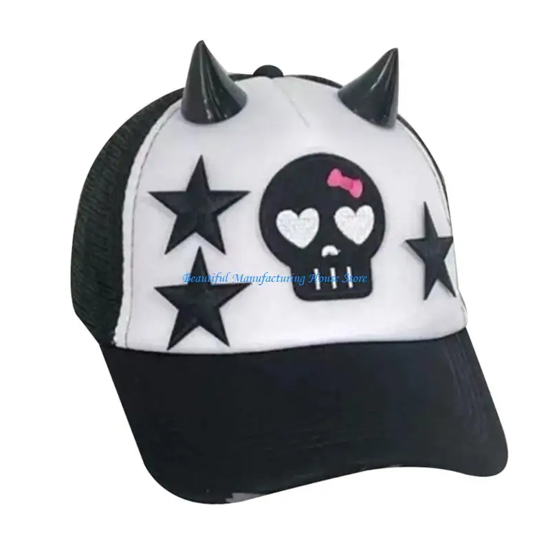 

E56A Edgy Skull Devil Ears Cotton Caps Breathable Mesh Back Sequins Embellished