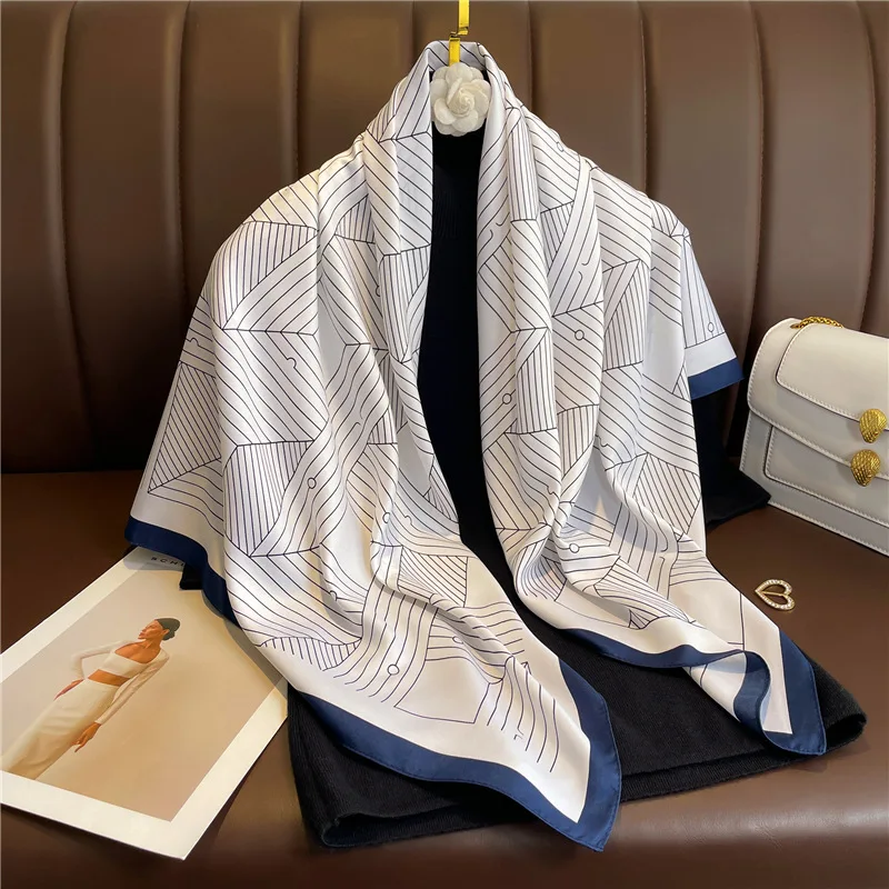 90x90CM Women New Summer Twill Silk Square Scarf Big Shawl Fashion Luxury Geometric Minimalist Print Design Headscarf Scarves