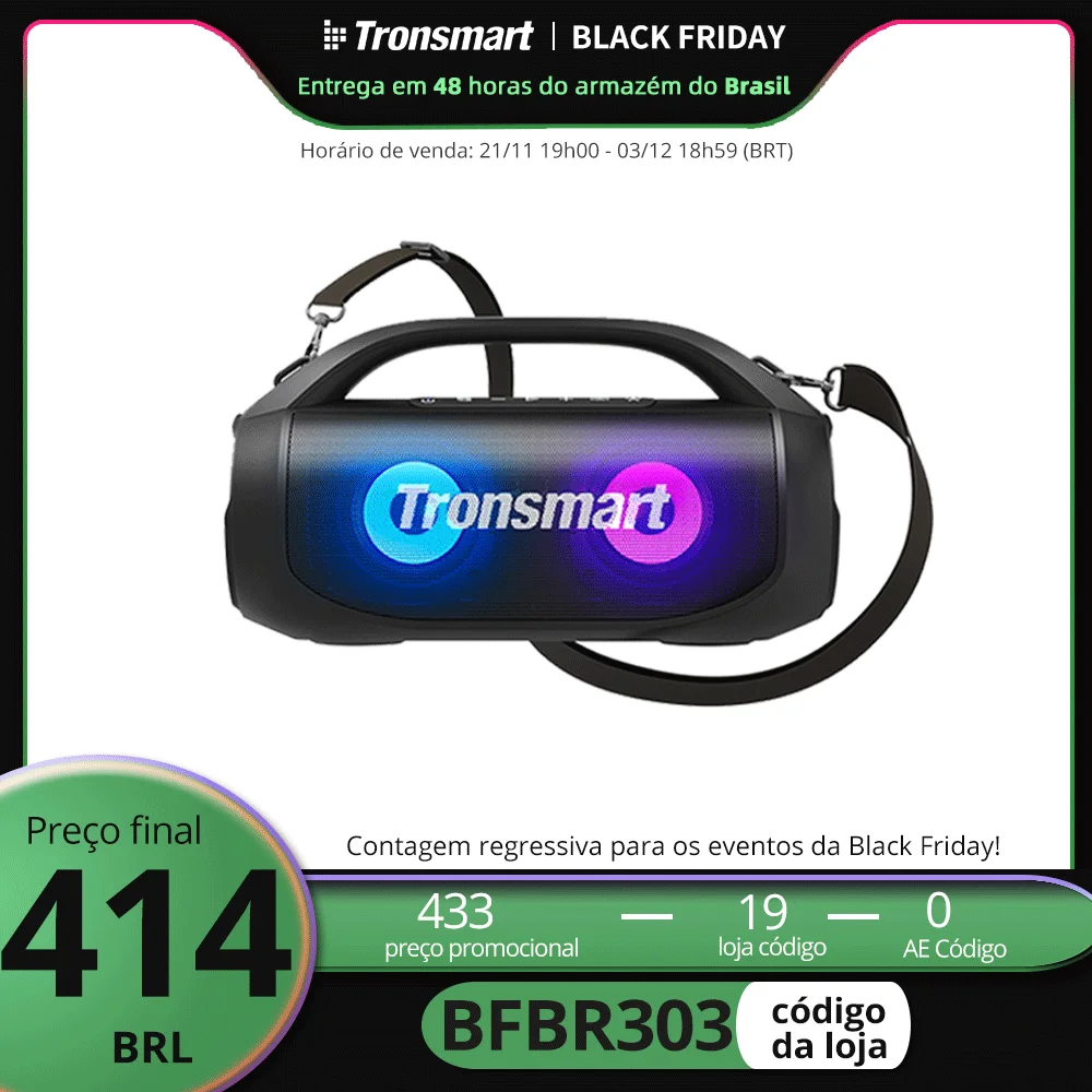 [do Brasil] caixa de som bluetooth portátil potente Tronsmart Bang SE com Bluetooth 5.3, alça portátil, 24 horas de reprodução, para festa, camping