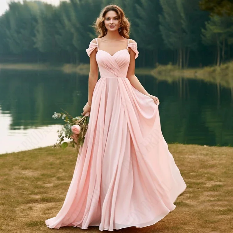 CustomizedPink Bridesmaid Dresses 2024 Long Chiffon Boho Wedding Party Gown Spaghetti Strap A-Line Vestidos Para Boda