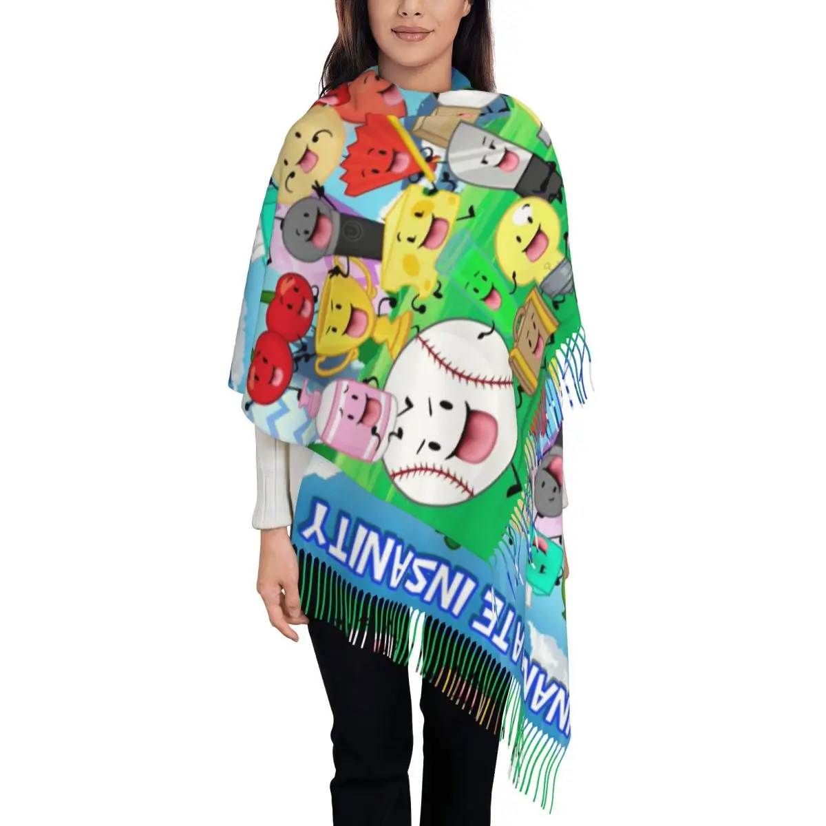 

Women's Scarf with Tassel BFDI Inanimate Insanity Cartoon Long Soft Shawl Wrap Battle for Dream Island Daily Wear Cashmere Scarf