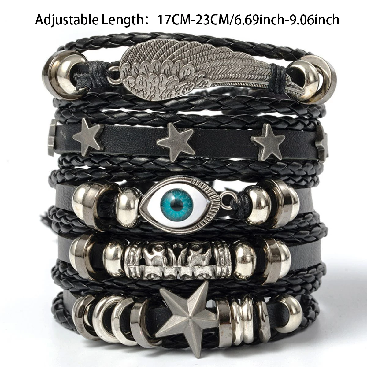 6-piece set Fashion Leather Bracelet Personalized DIY Knitted Leather Bracelet Simple Multi layered Adjustable Cowhide Bracelets
