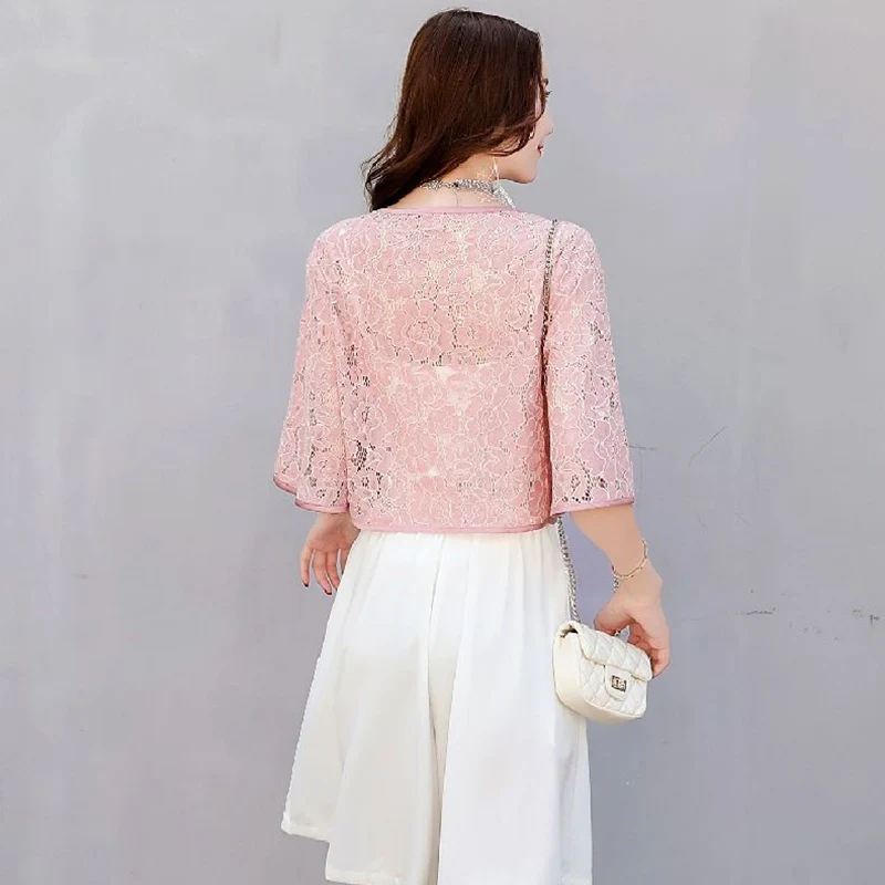 Rimocy 2024 Summer Flares Sleeve Lace Cardigan for Women Summer Lace Up Sunscreen Coat Female See Through Ice Silk Crop Tops