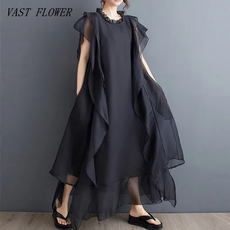 Vestido largo de verano sin mangas, holgado, de malla negra y organza, estilo vintage, nuevo, para mujer, informal, elegante, 2026